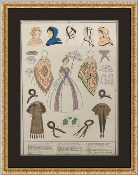 1920's French Fashion Lithograph Custom Framed Artwork: 1920's French Fashion Lithograph Custom Framed Artwork This vintage lithograph print captures the essence of French female fashion from the 1920s, showcasing a vibrant color plate that illustrates the