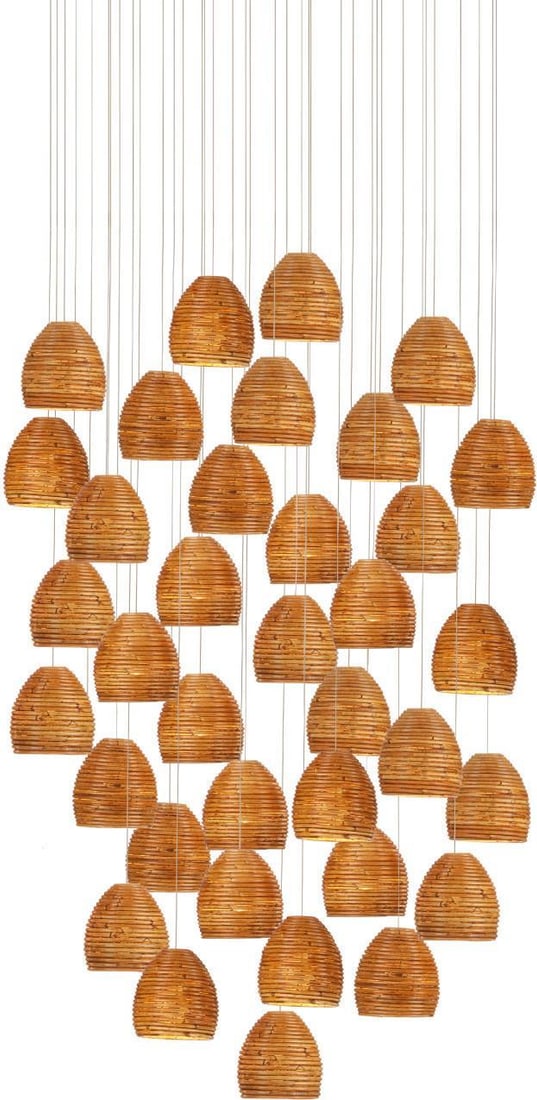 Currey Beehive Multi-Drop Pendant Rattan Shades Coastal Style 36-Light: Currey Beehive Multi-Drop Pendant Rattan Shades Coastal Style 36-Light Illuminate your space with this Elegant Multi-Drop Pendant featuring intricate Rattan Shades. This stunning piece from the Beehiv