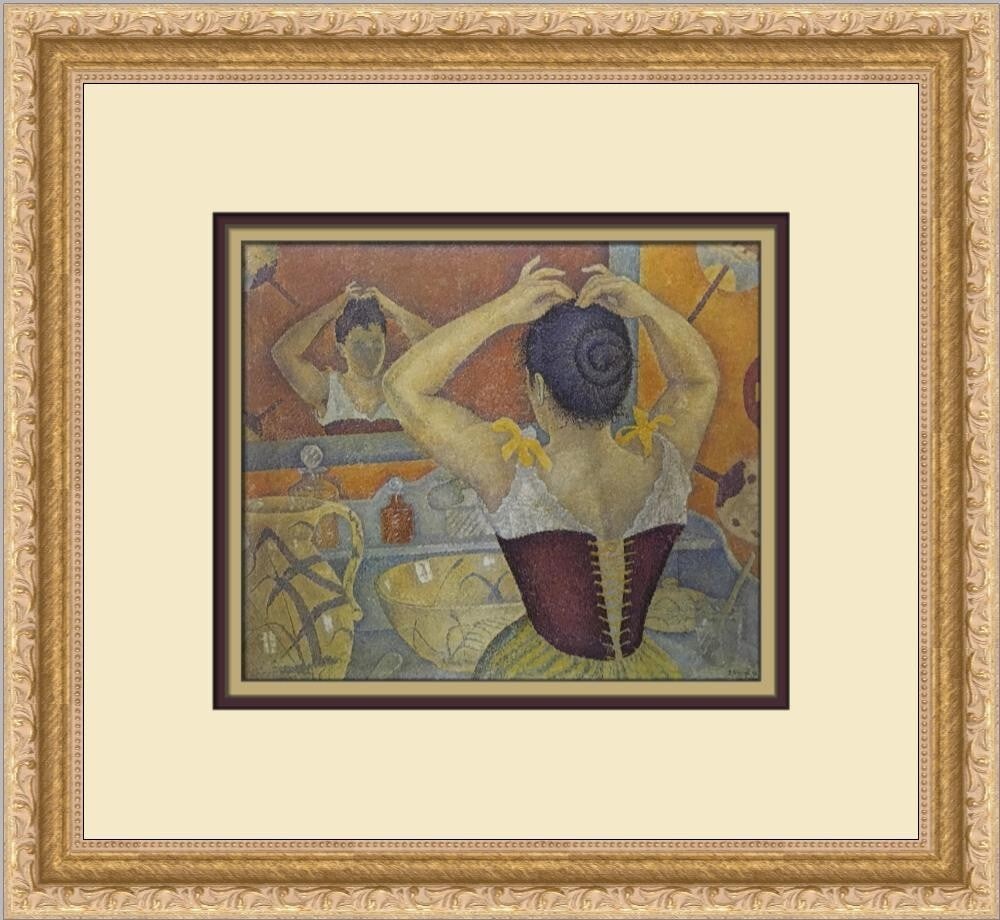 Paul Signac Woman Dressing in Purple Corset Custom Framed Print: Paul Signac Woman Dressing in Purple Corset Custom Framed Print This exquisite custom framed print titled "Woman Dressing in Purple Corset" by Paul Signac is a stunning representation of Impressionism