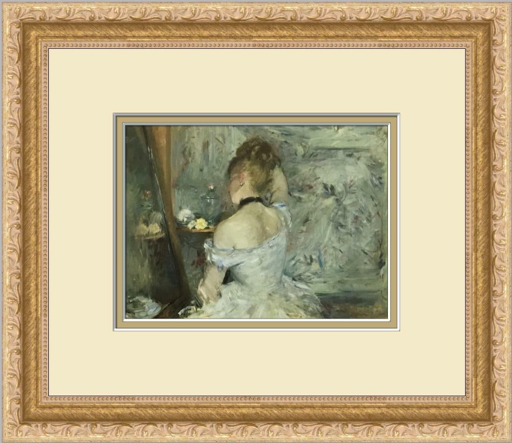 Berthe Morisot Woman at her Toilette Custom Framed Print: Berthe Morisot Woman at her Toilette Custom Framed Print This beautifully framed print titled 'Woman at her Toilette' by Berthe Morisot captures the essence of Americana figurative art. The artwork is