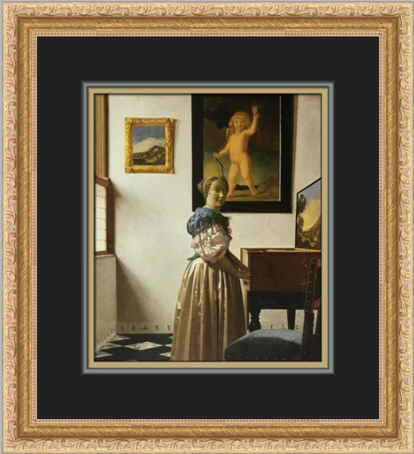 Vermeer A Lady Standing at the Virginals Custom Framed Art Print 14x15: Vermeer A Lady Standing at the Virginals Custom Framed Art Print 14x15 This exquisite custom framed print titled "A Lady Standing at the Virginals" features the iconic artwork by Vermeer. Measuring 14