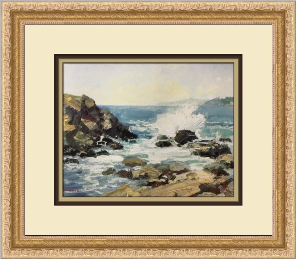Thomas Kinkade Carmel Bay Custom Framed Print Americana Impressionism 2002: Thomas Kinkade Carmel Bay Custom Framed Print Americana Impressionism 2002 Experience the beauty of Thomas Kinkade's "Carmel Bay" with this stunning custom framed print. This medium-sized artwork capt