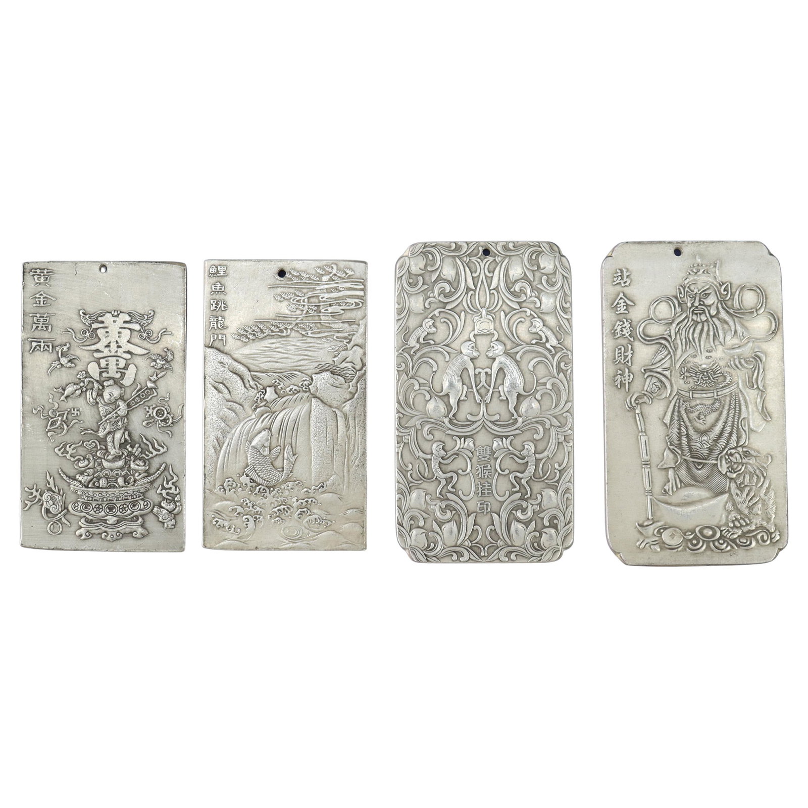 Set of 4 Antique Chinese Engraved White Metal Book Weights c1900: Set of 4 Antique Chinese Engraved White Metal Book Weights c1900 This exquisite set of four antique Chinese engraved scroll or book weights, crafted from white metal, dates back to circa 1900. Each we