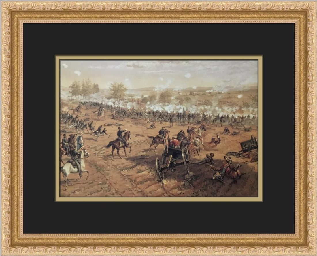 Custom Framed Battle of Gettysburg Print by L Prang & Co: Custom Framed Battle of Gettysburg Print by L Prang & Co This custom framed print titled "Battle of Gettysburg" captures the essence of the iconic Civil War battle with a realistic style. Created by L