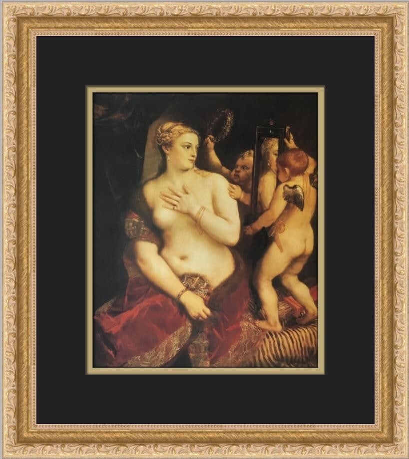 Titian Venus with a Mirror Custom Framed Art Print 16x14: Titian Venus with a Mirror Custom Framed Art Print 16x14 This exquisite Custom Framed Print features Titian's iconic artwork "Venus with a Mirror," showcasing a stunning portrayal of nude figures. The