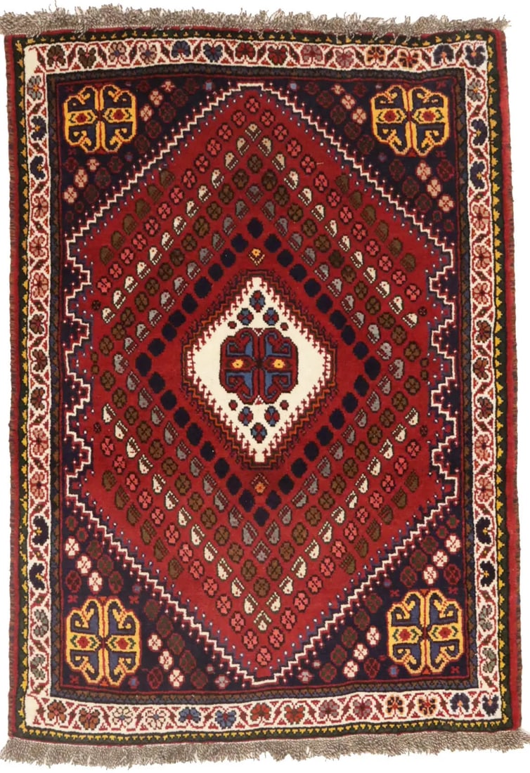 Rusty Red Hand-Knotted Wool Tribal Area Rug 3X5 ft: Rusty Red Hand-Knotted Wool Tribal Area Rug 3X5 ft Enhance your home decor with this exquisite hand-knotted wool rug, featuring a stunning rusty red color palette complemented by shades of cream, char