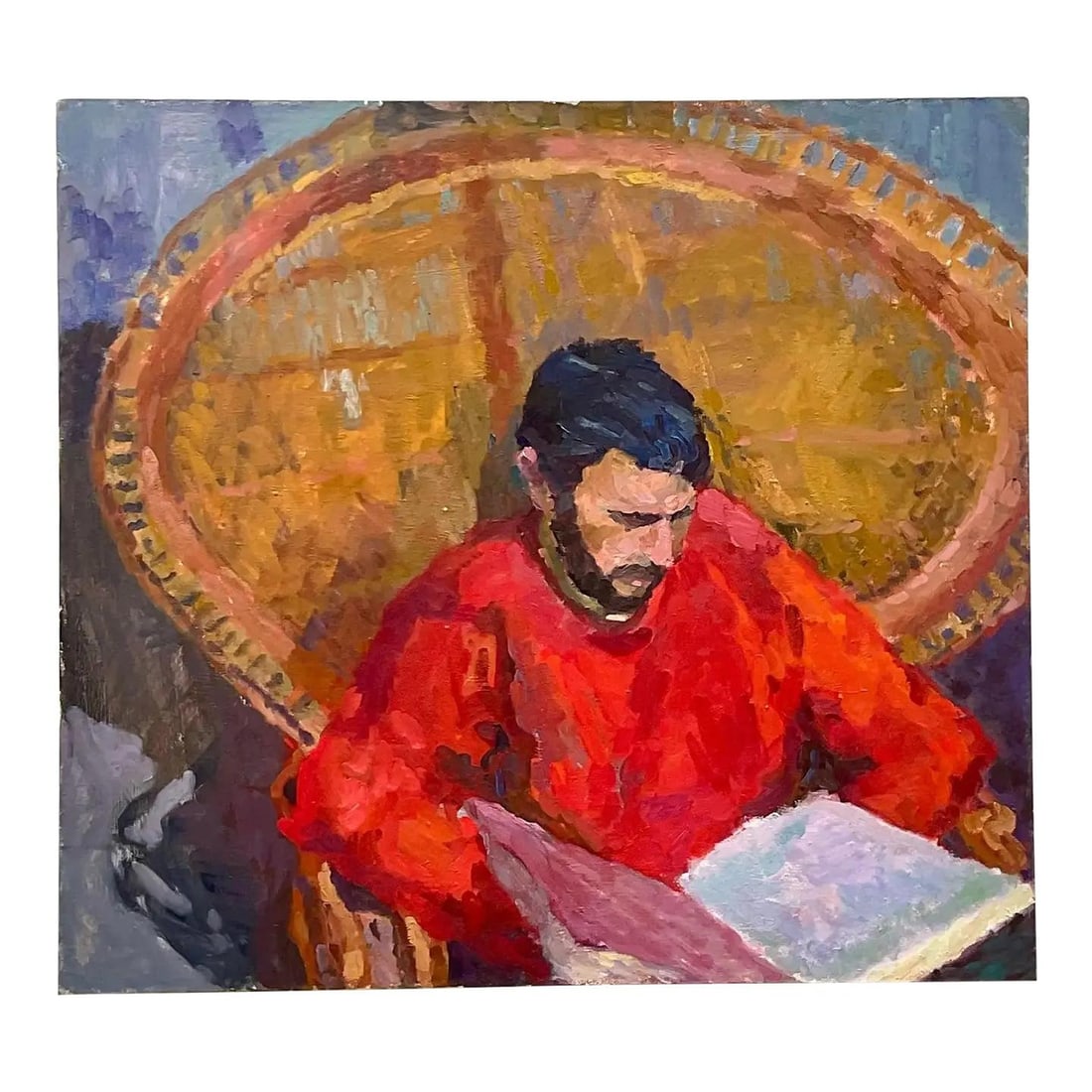 Monumental Signed Oil Painting of Reading Man on Canvas: Monumental Signed Oil Painting of Reading Man on Canvas This vintage monumental original signed oil painting on canvas captures a chic composition of a man comfortably seated in a fabulous chair, engr