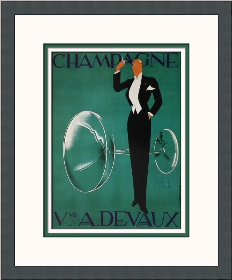 Ernst Dryden Champagne Veuve A. Devaux Art Deco Framed Print 1998: Ernst Dryden Champagne Veuve A. Devaux Art Deco Framed Print 1998 This stunning custom framed advertising print titled "Champagne Veuve A. Devaux" features the artwork of Ernst Dryden, created in 1998
