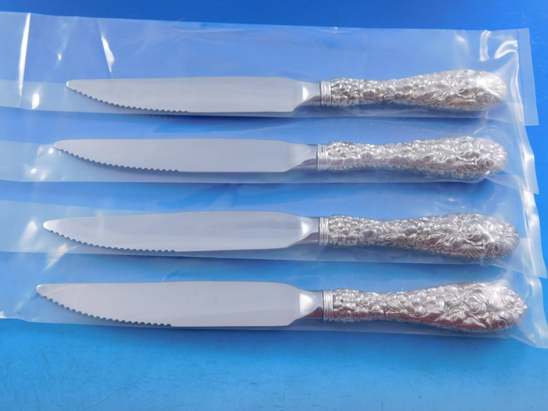 Stieff Rose Sterling Silver Steak Knife Set 4pc Custom Serrated 8 1/8": Stieff Rose Sterling Silver Steak Knife Set 4pc Custom Serrated 8 1/8" Elevate your dining experience with this exquisite 4-piece steak knife set from Stieff, featuring the elegant Rose pattern. Each