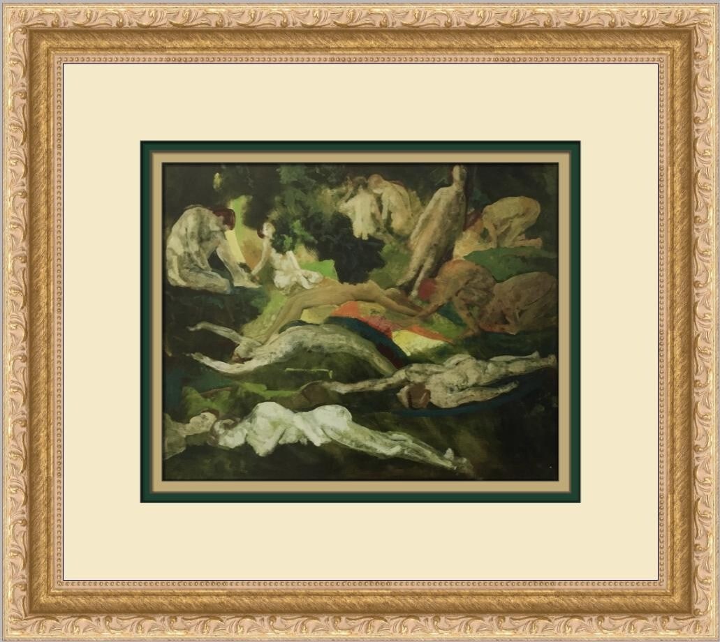 Arthur Davies Figures in a Landscape Custom Framed Print 2004: Arthur Davies Figures in a Landscape Custom Framed Print 2004 This exquisite custom framed print, titled "Figures in a Landscape," showcases the talent of artist Arthur Davies. Produced in 2004, this