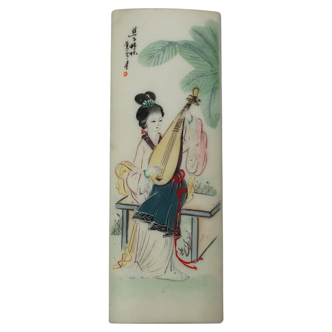Hand-Painted Chinese Stone Paperweight Depicting Woman with String Instrument 20th Century: Hand-Painted Chinese Stone Paperweight Depicting Woman with String Instrument 20th Century This 20th-century Chinese paperweight is crafted from hard stone and features a finely detailed hand-painted