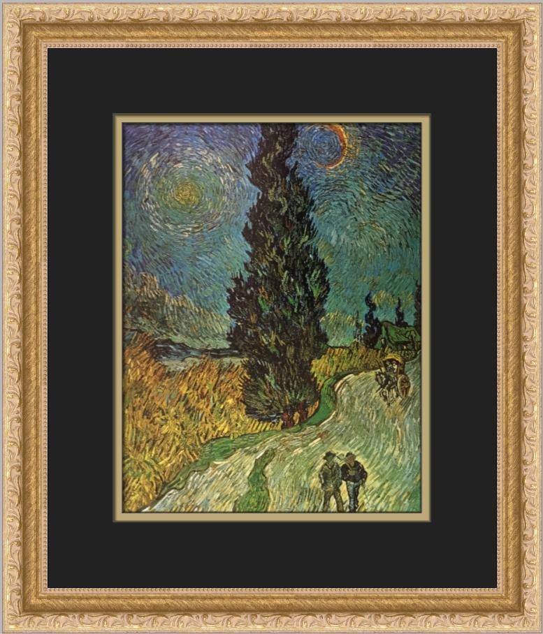 Vincent Van Gogh Road with Cypress and Stars Custom Framed Print 16x14 Impressionist Art: Vincent Van Gogh Road with Cypress and Stars Custom Framed Print 16x14 Impressionist Art This exquisite custom framed print titled 'Road with Cypress and Stars' by Vincent van Gogh captures the essenc