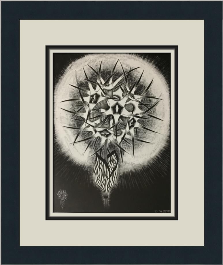 M.C. Escher Prickly Flower Custom Framed Offset Lithograph Print: M.C. Escher Prickly Flower Custom Framed Offset Lithograph Print This stunning custom framed print features M.C. Escher's iconic artwork titled "Prickly Flower." Measuring 15 in. by 13 in. overall, th
