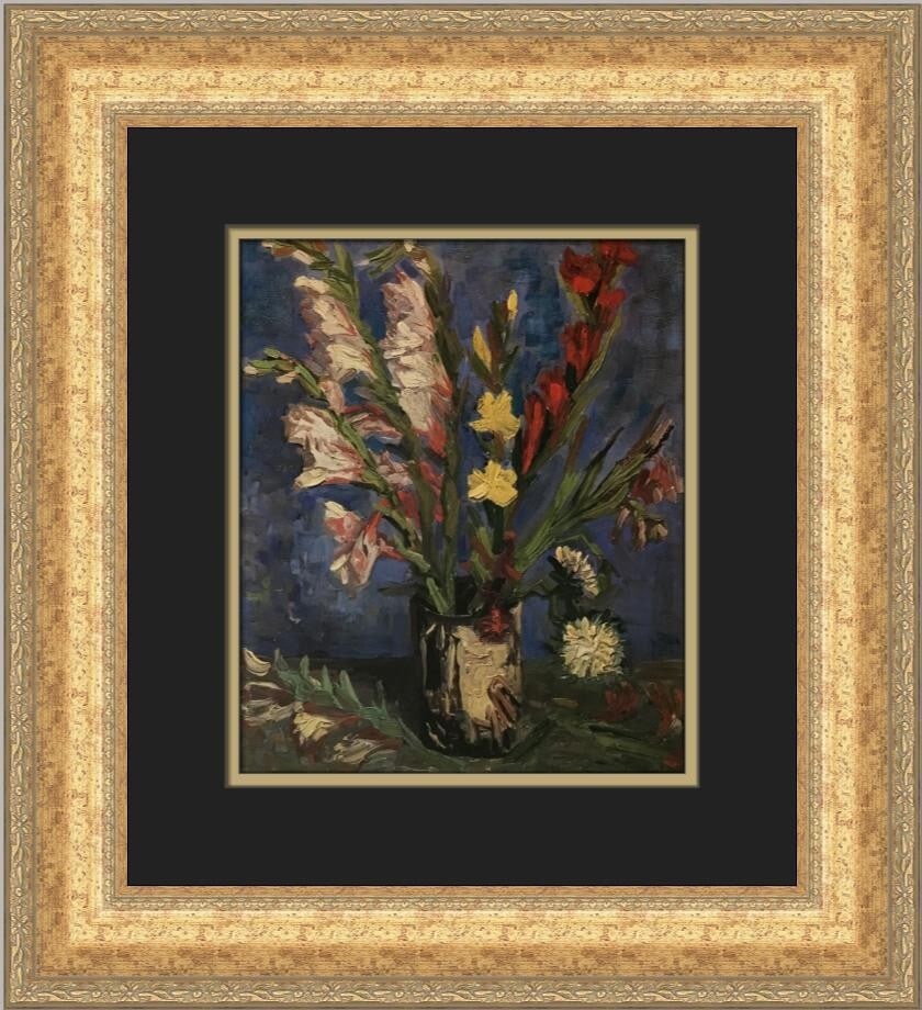 Vincent Van Gogh Still Life Gladioli Custom Framed Art Print: Vincent Van Gogh Still Life Gladioli Custom Framed Art Print This stunning custom framed print features Vincent Van Gogh's iconic work, "Still Life with Vase and Gladioli." Measuring 19 in. in height