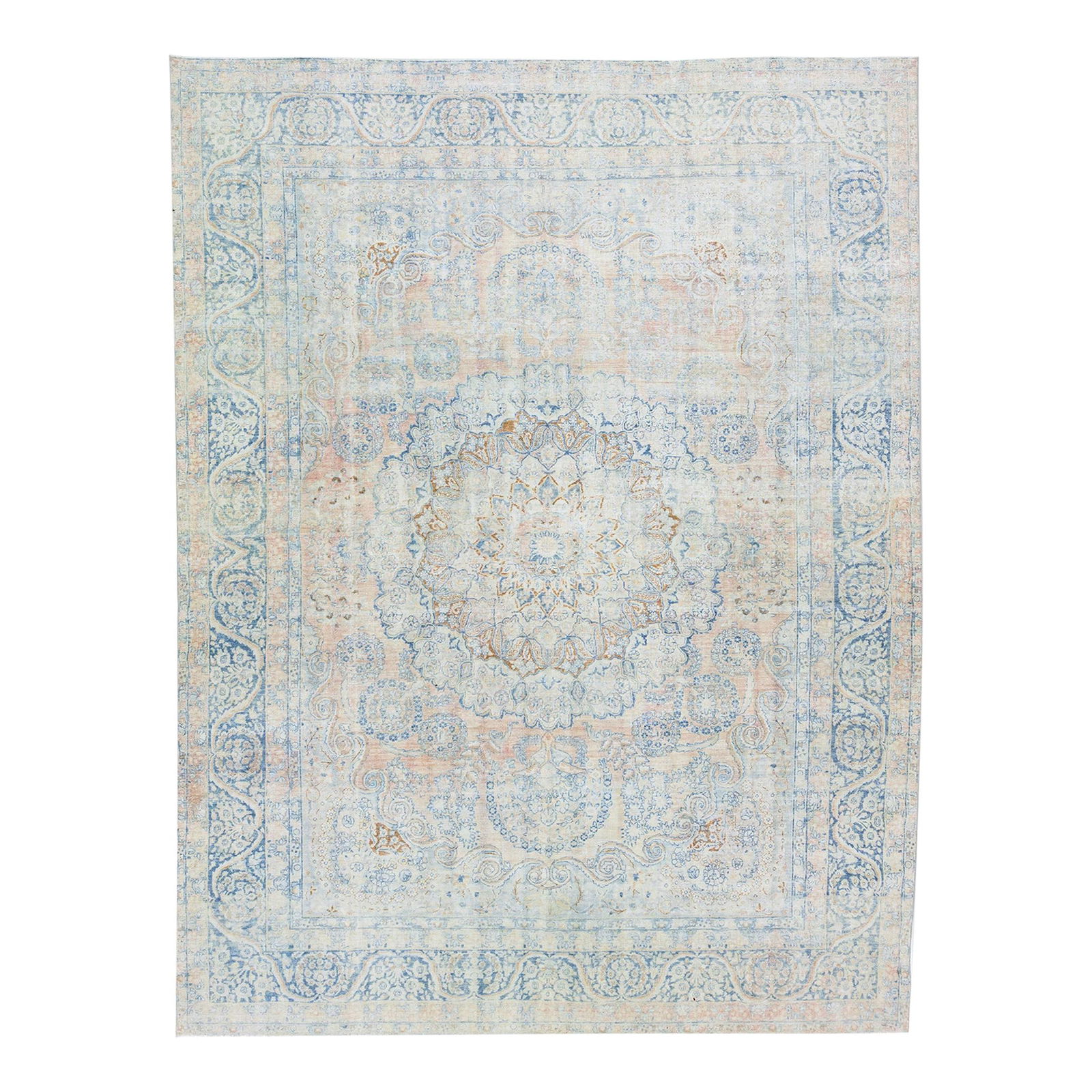 Antique Mahal Handmade Wool Rug 10'2 x 14'5 Peach Rosette Design: Antique Mahal Handmade Wool Rug 10'2 x 14'5 Peach Rosette Design This exquisite Antique Persian Mahal rug features a stunning peach field adorned with an intricate all-over rosette design in blue and