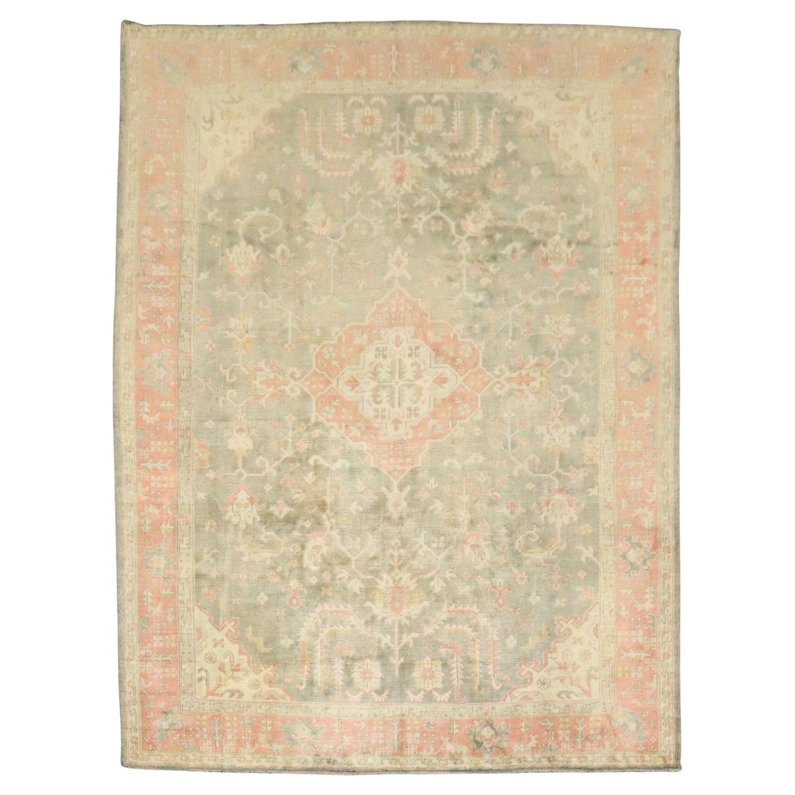 Soft Green Antique Turkish Oushak Rug 8'3 x 11'2 Hand-Knotted Wool: Soft Green Antique Turkish Oushak Rug 8'3 x 11'2 Hand-Knotted Wool Experience the charm of the Zabihi Collection with this stunning soft green antique Turkish Oushak rug. Perfect for country-style dec