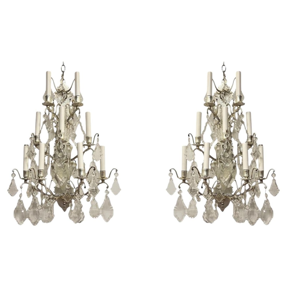 Set of 2 Belle Epoque Silvered Bronze Crystal 9-Light Wall Sconces: Set of 2 Belle Epoque Silvered Bronze Crystal 9-Light Wall Sconces This exceptional pair of vintage mid-century wall sconces is crafted from bronze with a silvered finish in the French Belle Epoque st