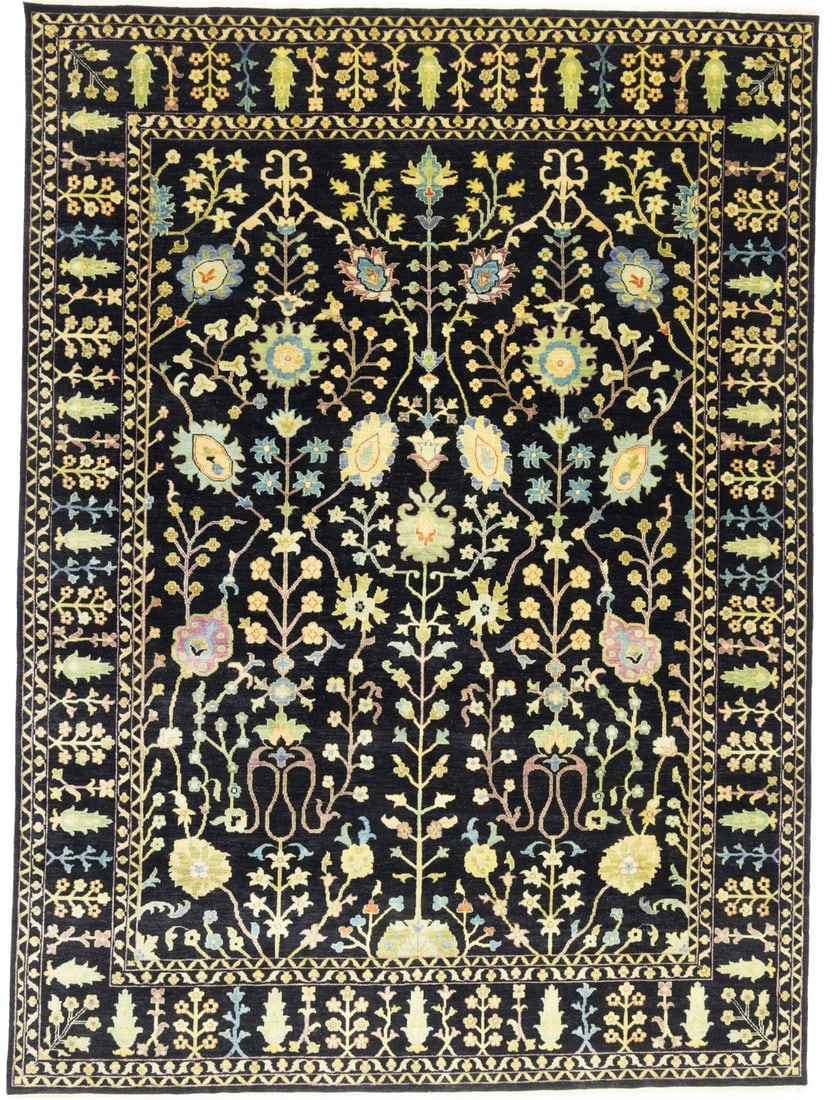 Handmade Black Floral Osh Chobi Wool Rug 8'11 x 12'1 Eco-Friendly: Handmade Black Floral Osh Chobi Wool Rug 8'11 x 12'1 Eco-Friendly Enhance your living space with this stunning large handmade Osh Chobi Oriental rug, featuring an intricate floral pattern in a vibrant