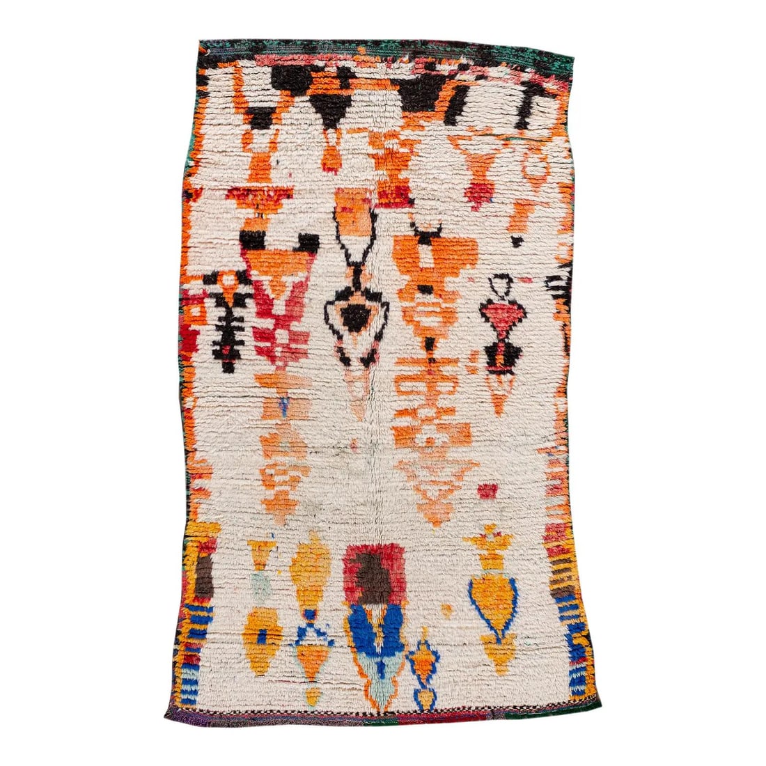Vintage Ivory Moroccan Wool Scatter Rug 4'6 x 7'9 Tribal Design: Vintage Ivory Moroccan Wool Scatter Rug 4'6 x 7'9 Tribal Design This exquisite vintage Moroccan scatter rug features a stunning ivory field adorned with a vibrant tribal design in hues of orange, red,