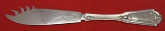 Whiting Keystone Sterling Silver Cheese Knife 7 1/4" Monogrammed: Whiting Keystone Sterling Silver Cheese Knife 7 1/4" Monogrammed This exquisite cheese knife is crafted from sterling silver and features the elegant Keystone pattern by Whiting. Measuring 7 1/4" in l