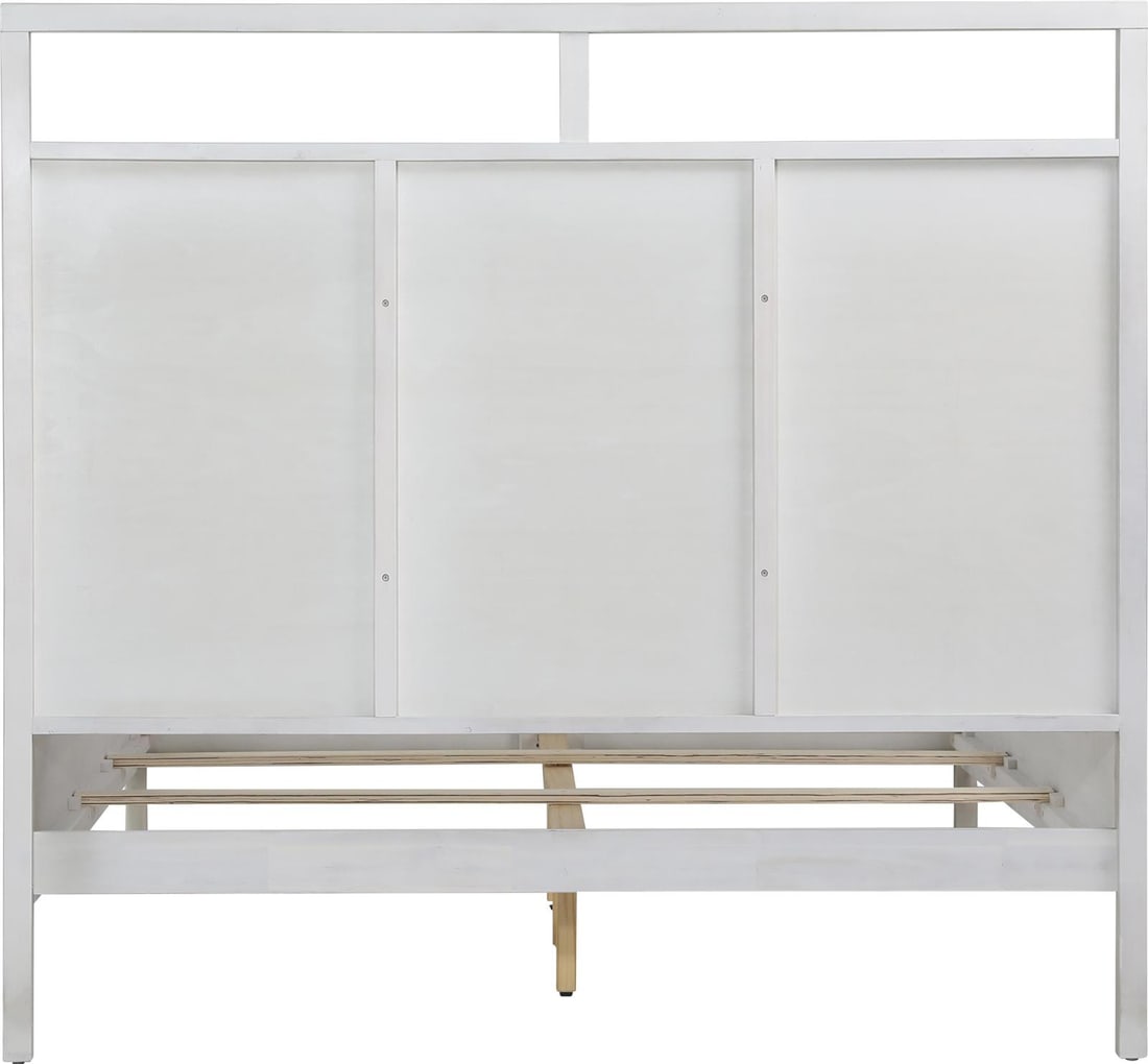 New Geraldine Acacia Wood Bed with Whitewash Finish 52H 63W 85D: New Geraldine Acacia Wood Bed with Whitewash Finish 52H 63W 85D Introducing the Elegant Geraldine Cane & Acacia Wood Bed, a stunning addition to your bedroom decor. This bed features a charming whitew