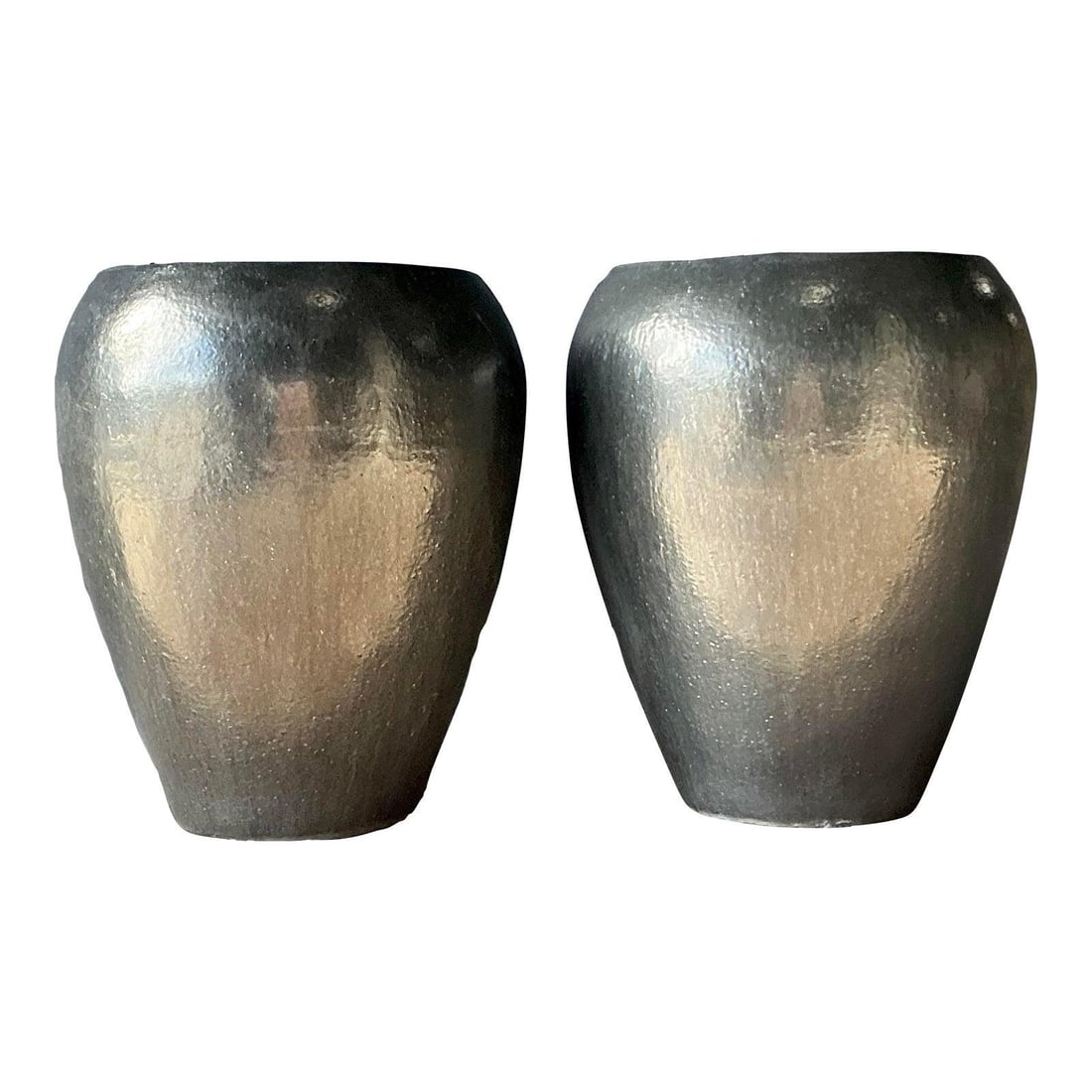 Pair of Monumental Black Glazed Ceramic Urn Planters Boho Style: Pair of Monumental Black Glazed Ceramic Urn Planters Boho Style This pair of monumental planters features a classic urn silhouette with a contemporary, minimalist design. Crafted from durable ceramic
