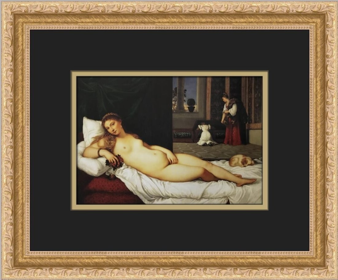 Titian A Portrait of Venus of Urbino Custom Framed Art Print 11x14: Titian A Portrait of Venus of Urbino Custom Framed Art Print 11x14 This exquisite custom framed print features Titian's renowned artwork, "A Portrait of Venus of Urbino." Measuring 11" x 14" in total