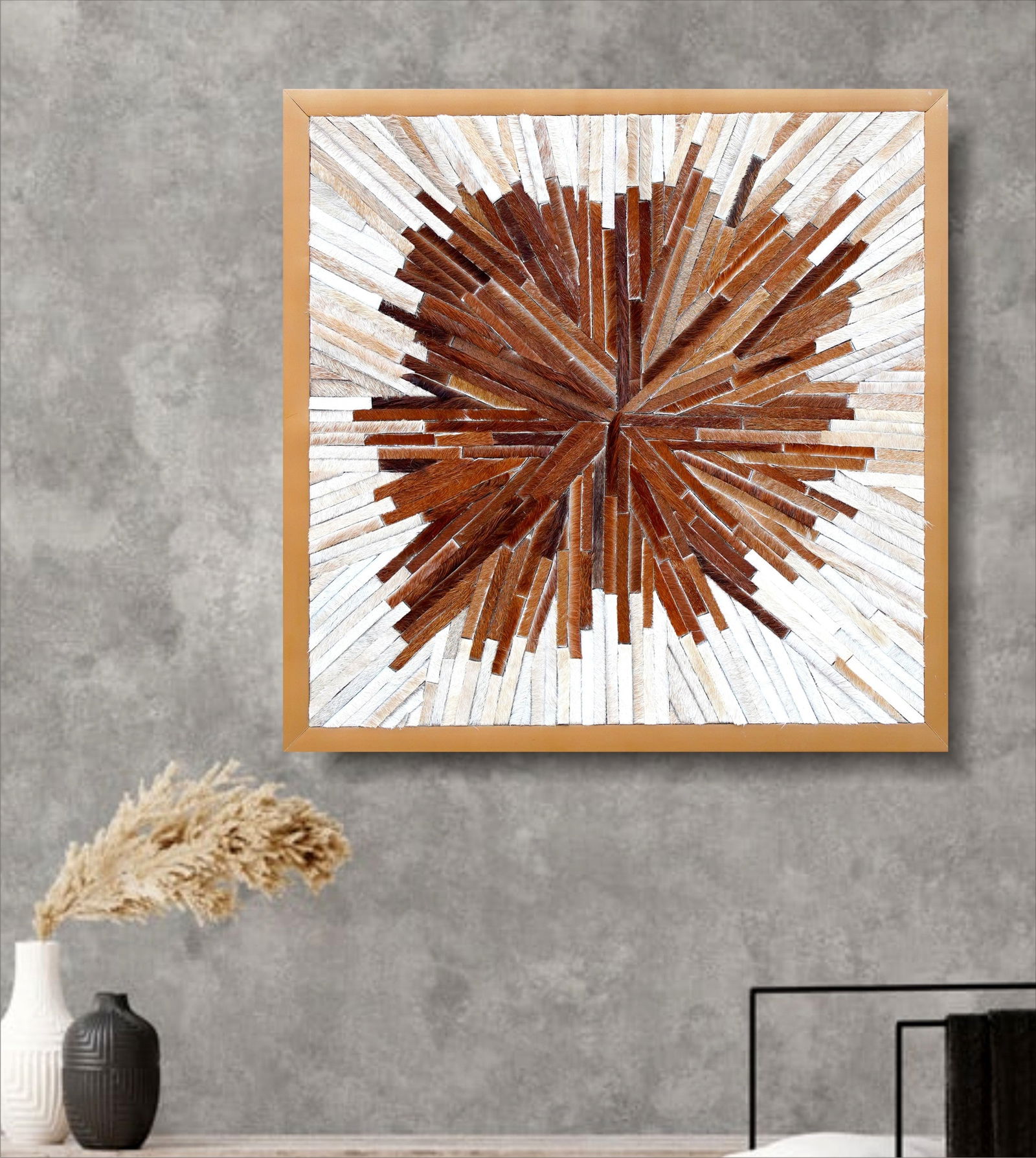Handcrafted Sunburst Geometric Wall Art Genuine Cowhide Leather Mosaic 12x12: Handcrafted Sunburst Geometric Wall Art Genuine Cowhide Leather Mosaic 12x12 Free continental US Shipping This handcrafted wall art features a modern radial geometric design, meticulously created from