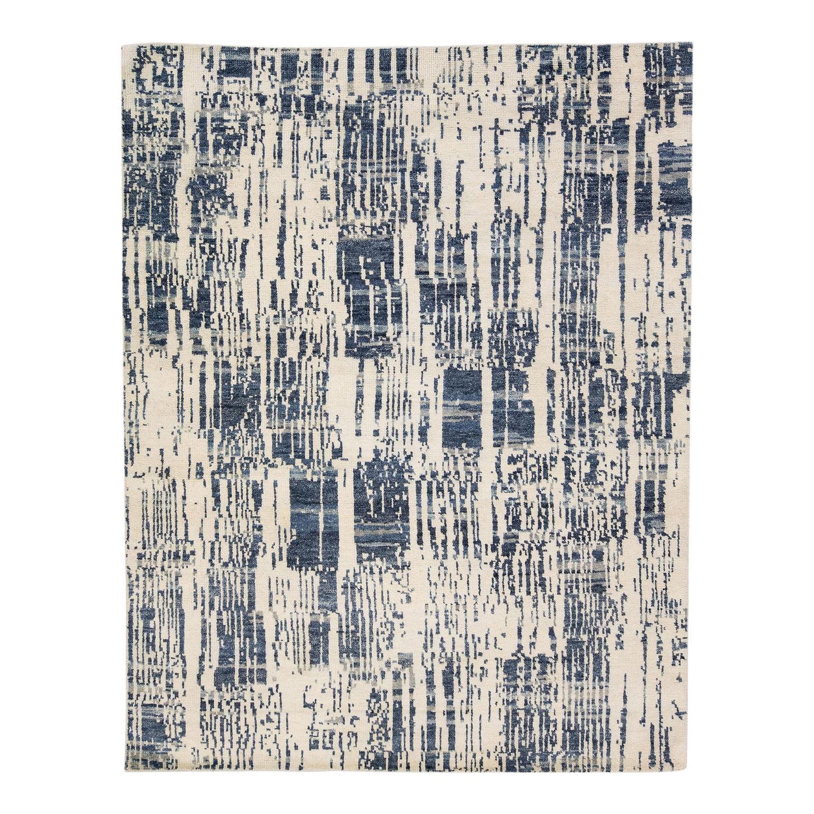Thom Filicia Hand-Knotted Ivory Blue Wool Rug 7'9 x 9'9: Thom Filicia Hand-Knotted Ivory Blue Wool Rug 7'9 x 9'9 Elevate your space with this stunning Contemporary Texture Handmade Rug from the Thom Filicia Home Collection. Crafted with care in India, this