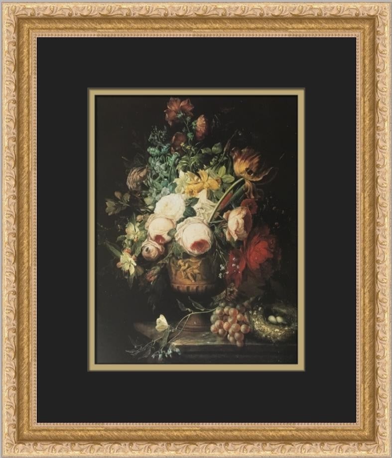 Jan Van Huysum Still Life Bird Nest Custom Framed Art Print 16x13: Jan Van Huysum Still Life Bird Nest Custom Framed Art Print 16x13 This stunning custom framed print titled 'Still Life with Flowers and Bird Nest' by renowned artist Jan Van Huysum beautifully