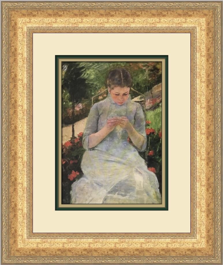 Mary Cassatt Young Woman Sewing in a Garden Framed Print 19 x 16: Mary Cassatt Young Woman Sewing in a Garden Framed Print 19 x 16 This exquisite custom framed print by Mary Cassatt titled 'Young Woman Sewing in a Garden' captures the essence of expressionism and im