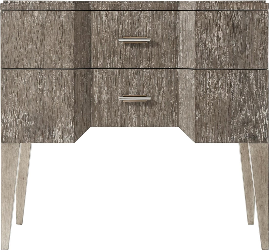 Theodore Alexander Coastal Nightstand with Pewter Legs and Soft-Closing Drawers: Theodore Alexander Coastal Nightstand with Pewter Legs and Soft-Closing Drawers Introducing the Modern Coastal Nightstand, a perfect blend of style and functionality. Crafted from mahogany oak veneer