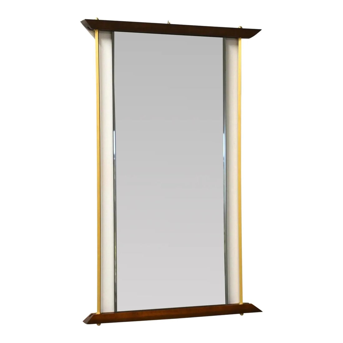 Mid Century Modern Walnut Frame Mirror with Brass Accents 24.25 x 38: Mid Century Modern Walnut Frame Mirror with Brass Accents 24.25 x 38 This stunning mid-century modern mirror features a walnut-colored frame complemented by elegant brass accents. While it appears to