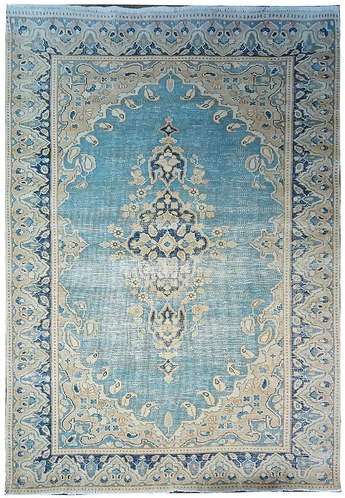 Vintage Persian Kerman Area Rug 3.9 x 6.7 Light Blue Handwoven Wool: Vintage Persian Kerman Area Rug 3.9 x 6.7 Light Blue Handwoven Wool Free continental US Shipping Discover the elegance of the Vintage Persian Kerman Rug in Light Blue, measuring 3.9 x 6.7 feet. Handwo