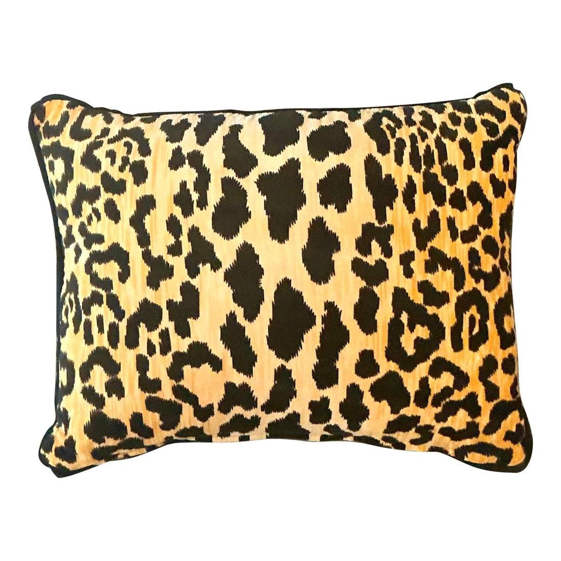 Leopard Print Velvet Lumbar Pillow in Boho Hollywood Regency Style: Leopard Print Velvet Lumbar Pillow in Boho Hollywood Regency Style This vintage lumbar pillow features a bold leopard print on plush, high-quality velvet in a warm amber-gold tone with rich black spot
