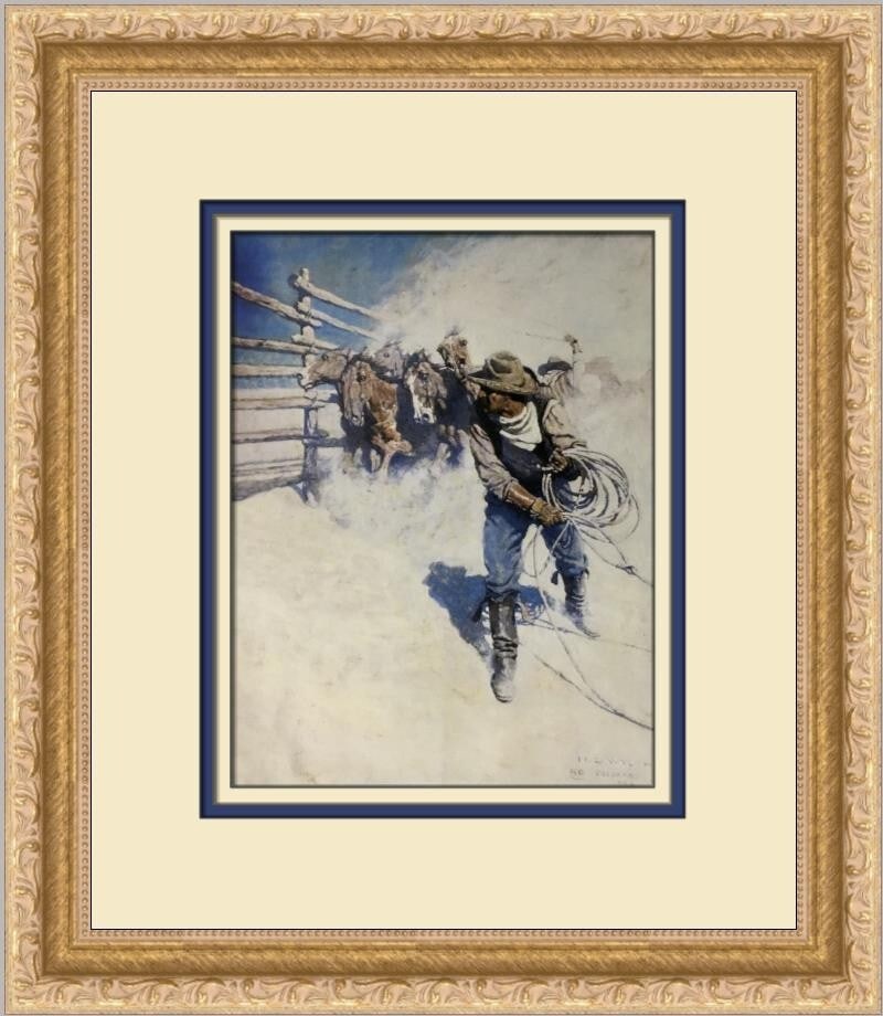 N C Wyeth A Day with the Roundup Custom Framed Print 14 x 12: N C Wyeth A Day with the Roundup Custom Framed Print 14 x 12 This exquisite print titled "A Day with the Roundup" by renowned artist N.C. Wyeth captures a moment in the Impressionist style. Measuring