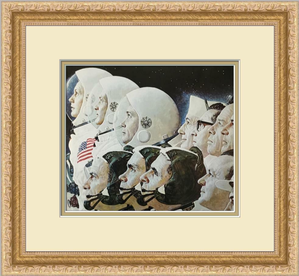 Norman Rockwell Apollo 11 Space Team Custom Framed Lithograph Print: Norman Rockwell Apollo 11 Space Team Custom Framed Lithograph Print This stunning print features a beautifully framed and matted depiction of the Apollo 11 Space Team by renowned artist Norman Rockwel