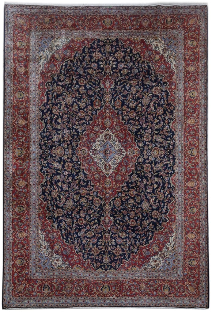 Navy Blue Persian Kashan Rug 9'10 x 14'5 Handwoven Wool Signed: Navy Blue Persian Kashan Rug 9'10 x 14'5 Handwoven Wool Signed Free continental US Shipping Transform your living space with this exquisite 9' 10" x 14' 5" Navy Blue Persian Signed Kashan Rug. Handcra