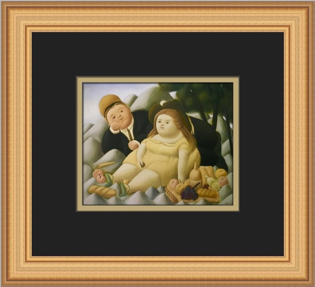 Fernando Botero Picnic in the Mountain Custom Framed Art Print: Fernando Botero Picnic in the Mountain Custom Framed Art Print This custom framed print titled "Picnic in the Mountain" by renowned artist Fernando Botero captures the essence of figurative art, showc