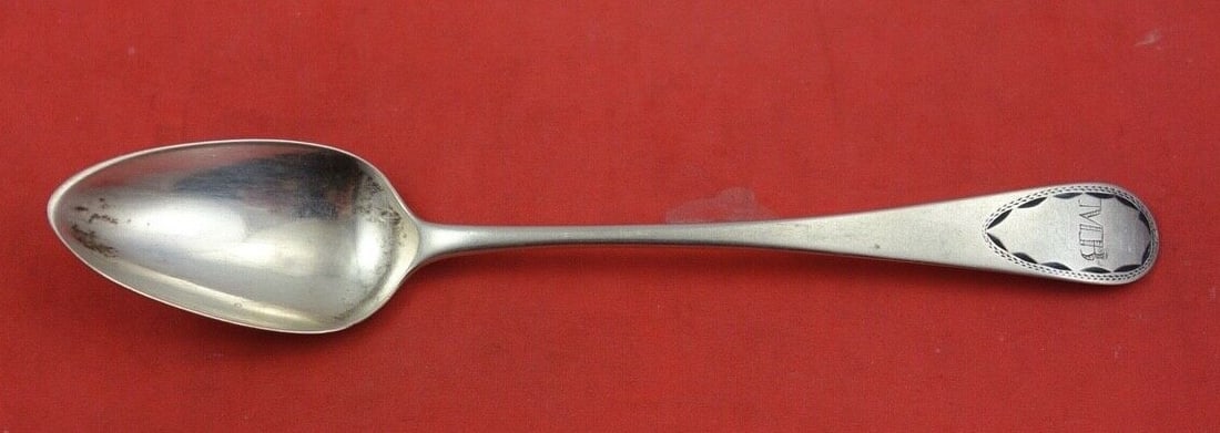 George Hutton 1790 Coin Silver Bright-Cut Teaspoon Monogrammed 5 5/8": George Hutton 1790 Coin Silver Bright-Cut Teaspoon Monogrammed 5 5/8" This exquisite bright-cut teaspoon, crafted by George Hutton in 1790, showcases the artistry of early American silversmithing. Mad