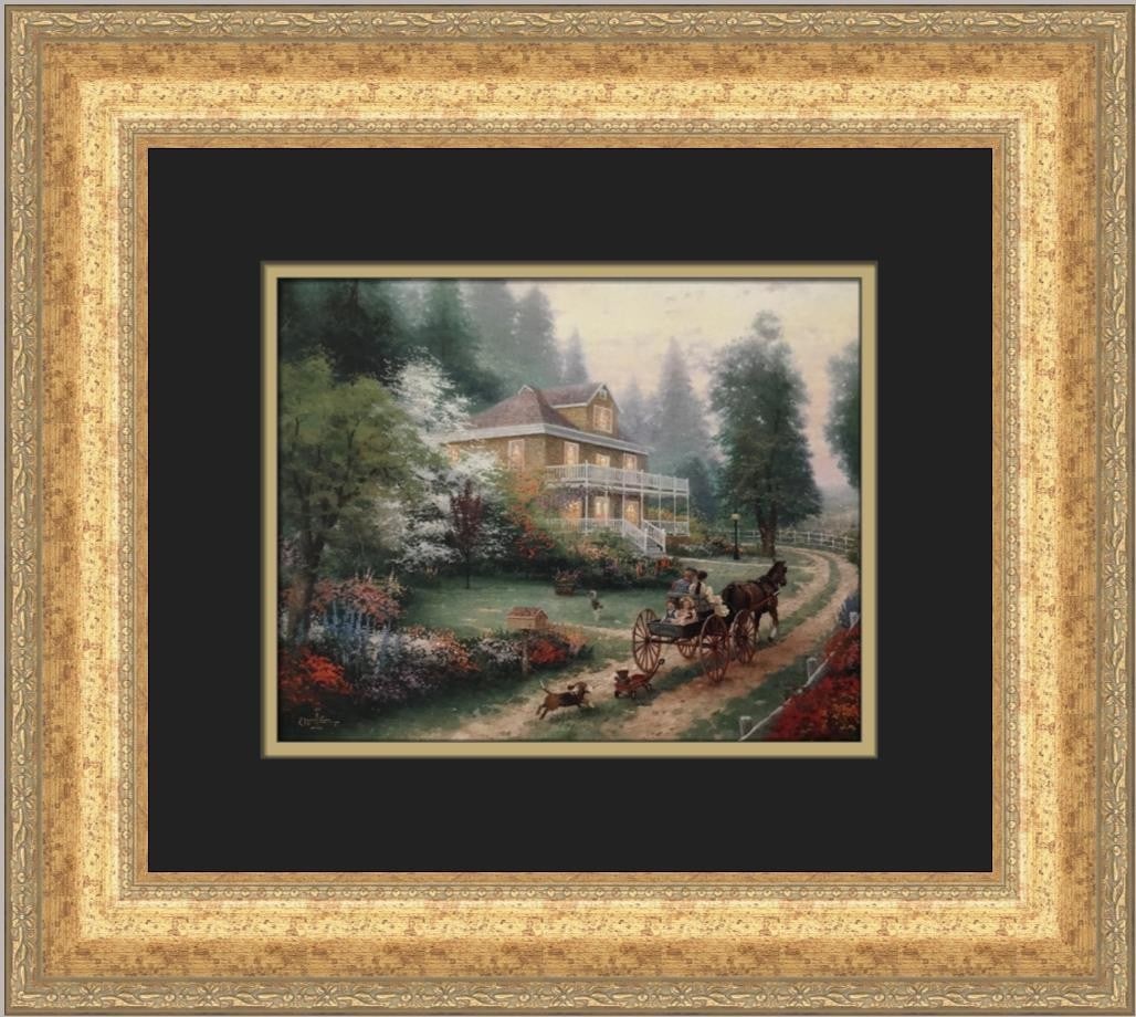 Thomas Kinkade Sunday at Apple Hill Custom Framed Art Print 15x13: Thomas Kinkade Sunday at Apple Hill Custom Framed Art Print 15x13 This exquisite Thomas Kinkade print titled "Sunday at Apple Hill" captures the serene beauty of a rural landscape. Produced in 1986, t