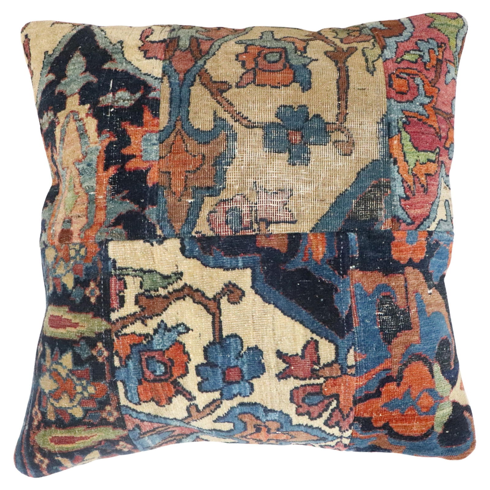 19th Century Lavar Persian Kerman Rug Pillow Tabriz Style: 19th Century Lavar Persian Kerman Rug Pillow Tabriz Style This exquisite pillow is crafted from a 19th-century Lavar Persian Kerman rug, designed in a beautiful patchwork format. It features a durable