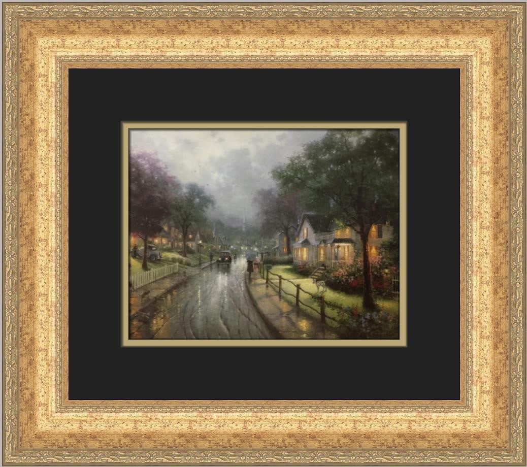 Thomas Kinkade Walking to Church Custom Framed Print 15x13: Thomas Kinkade Walking to Church Custom Framed Print 15x13 This stunning custom framed print titled 'Walking to Church on a Rainy Evening' by renowned artist Thomas Kinkade captures a serene moment wi