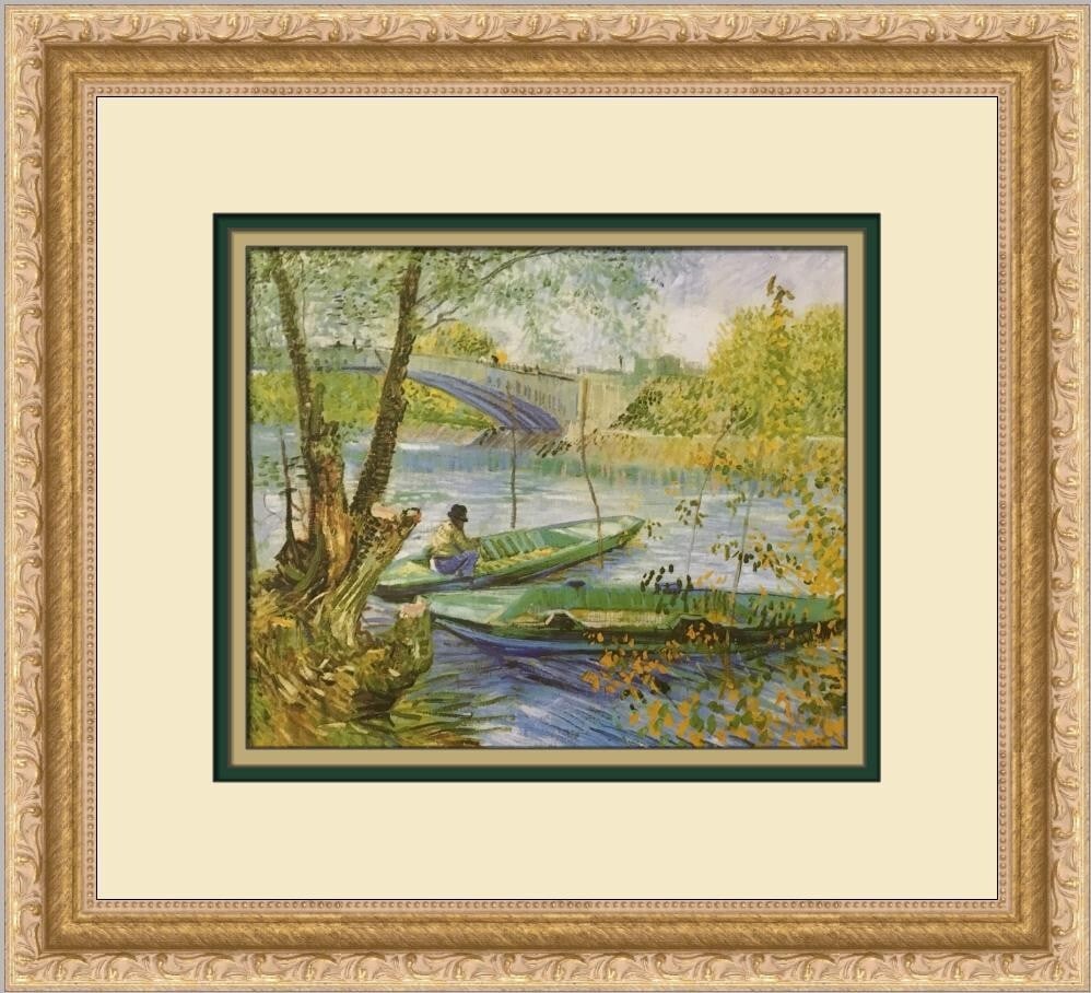 Vincent Van Gogh Fishing in Spring Custom Framed Lithograph Print: Vincent Van Gogh Fishing in Spring Custom Framed Lithograph Print This custom framed print features Vincent van Gogh's renowned artwork "Fishing in Spring," beautifully presented in a landscape orient