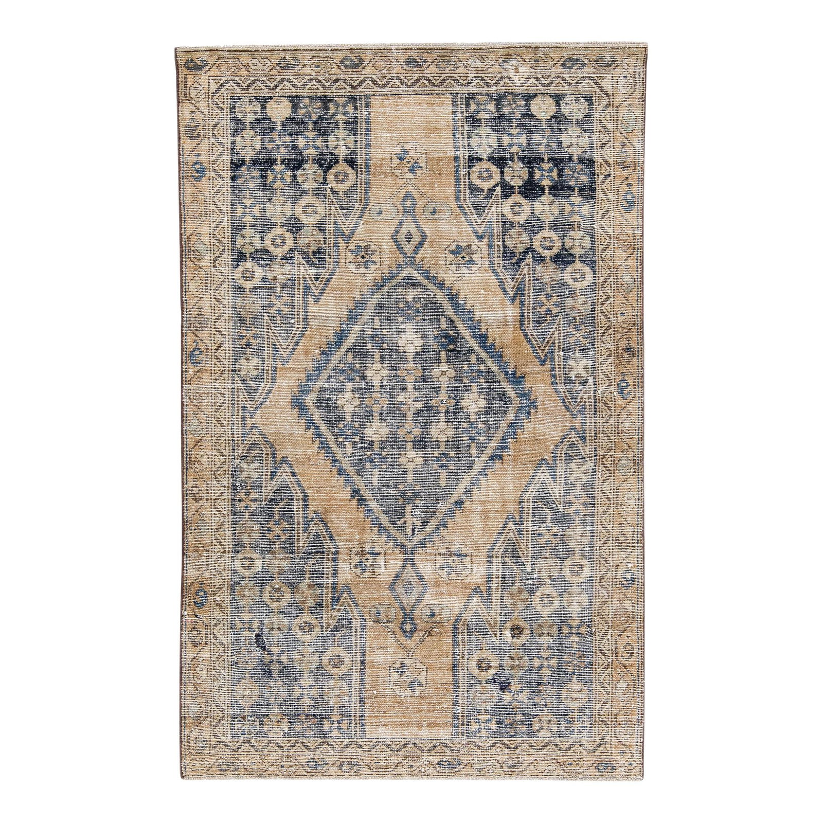 1960s Handmade Persian Tribal Wool Rug Beige 3'9 x 5'10: 1960s Handmade Persian Tribal Wool Rug Beige 3'9 x 5'10 Discover a stunning vintage Persian hand-knotted wool rug, showcasing a beautiful distressed finish. The rug features a warm beige color field,