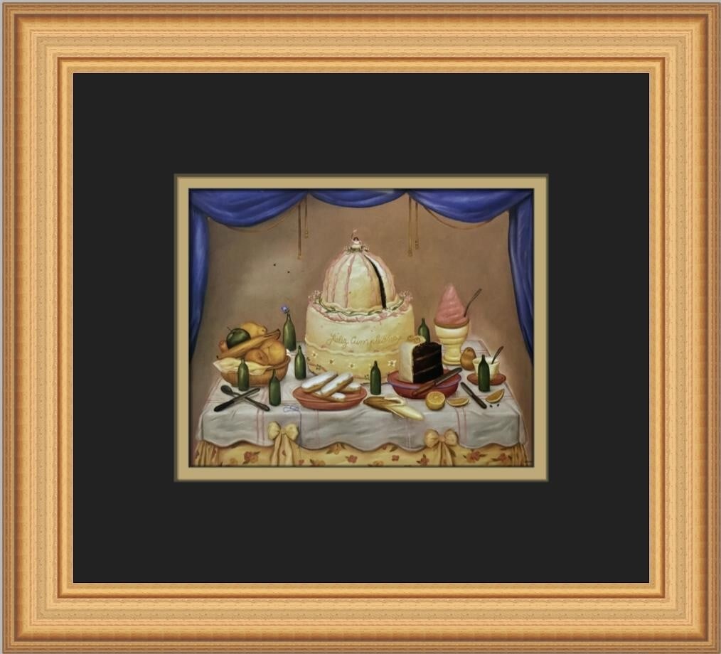Fernando Botero Bon Anniversaire Custom Framed Offset Lithograph Print: Fernando Botero Bon Anniversaire Custom Framed Offset Lithograph Print This exquisite custom framed print titled "Bon Anniversaire" by renowned artist Fernando Botero is a striking piece of figurative