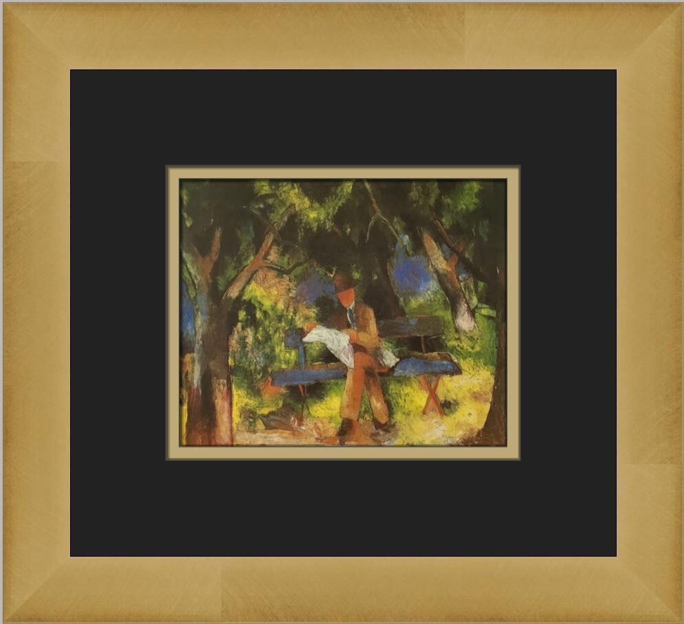 August Macke Man Reading in a Park Custom Framed Impressionist Print: August Macke Man Reading in a Park Custom Framed Impressionist Print This beautifully custom framed print titled 'Man Reading in a Park' by August Macke captures the essence of Impressionism. Measurin