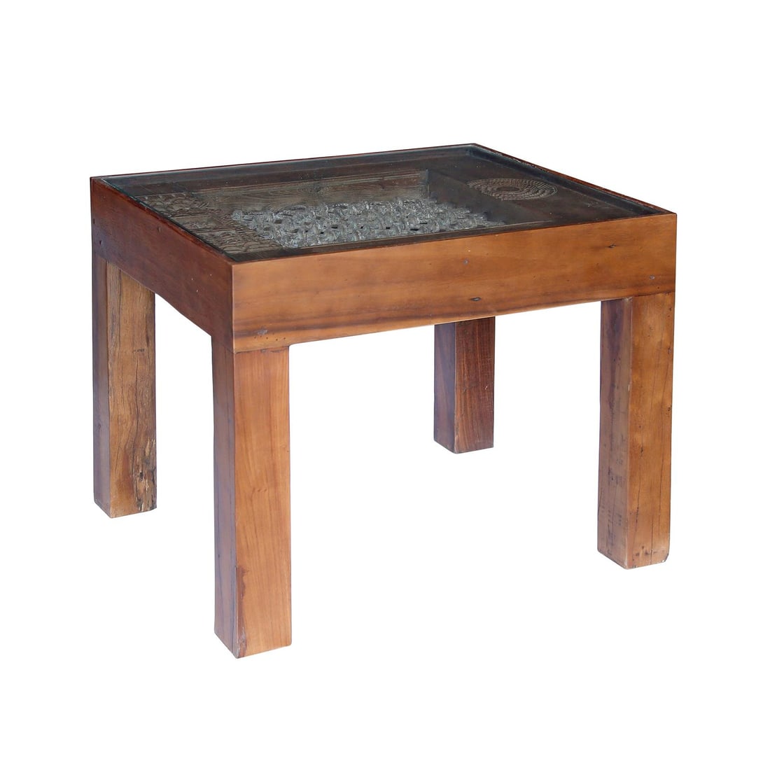 Indian Style Reclaimed Wood End Table with Glass Top (1 of 1)