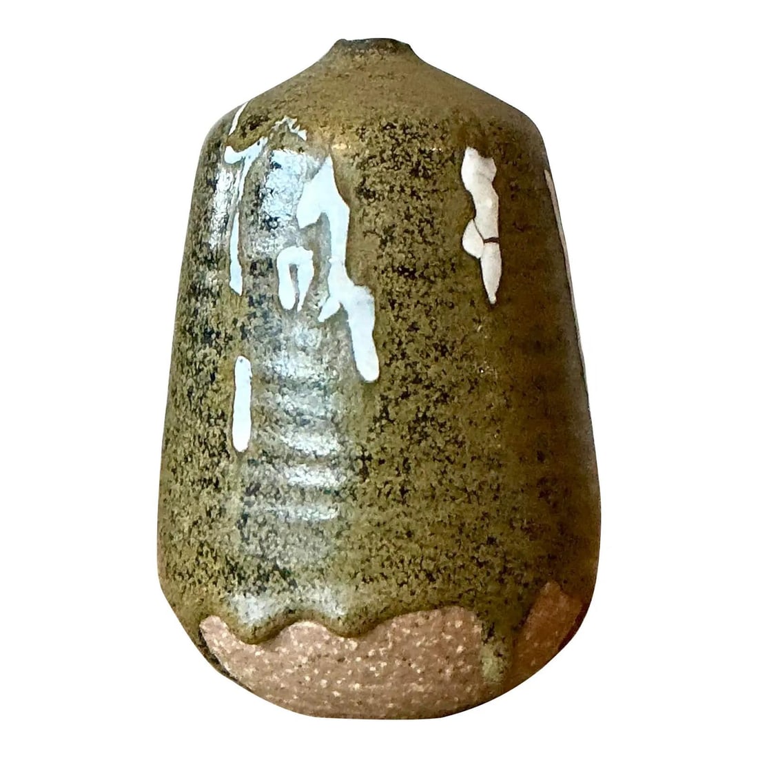 Stoneware Weed Pot Vase With Mossy Olive Glaze Studio Made: Stoneware Weed Pot Vase With Mossy Olive Glaze Studio Made This vintage studio pottery weed vase is hand-thrown from heavy stoneware and finished with a mossy olive-green glaze accented by abstract dr