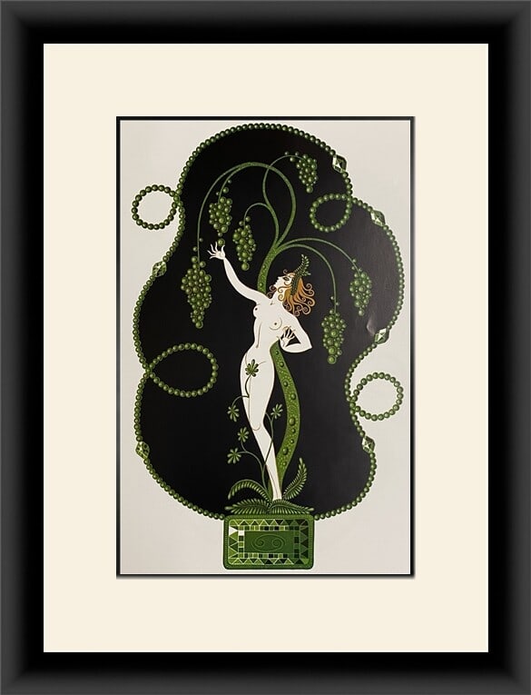 Erte Emerald Art Deco Custom Framed Print from Precious Stones Suite: Erte Emerald Art Deco Custom Framed Print from Precious Stones Suite This exquisite custom framed print features "Emerald" from the Precious Stones Suite by the renowned artist Erte, known for his Art